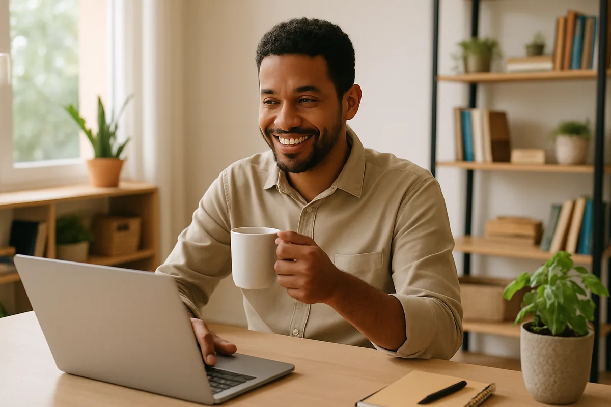Pessoa trabalhando de casa com notebook e celular, registrando a jornada